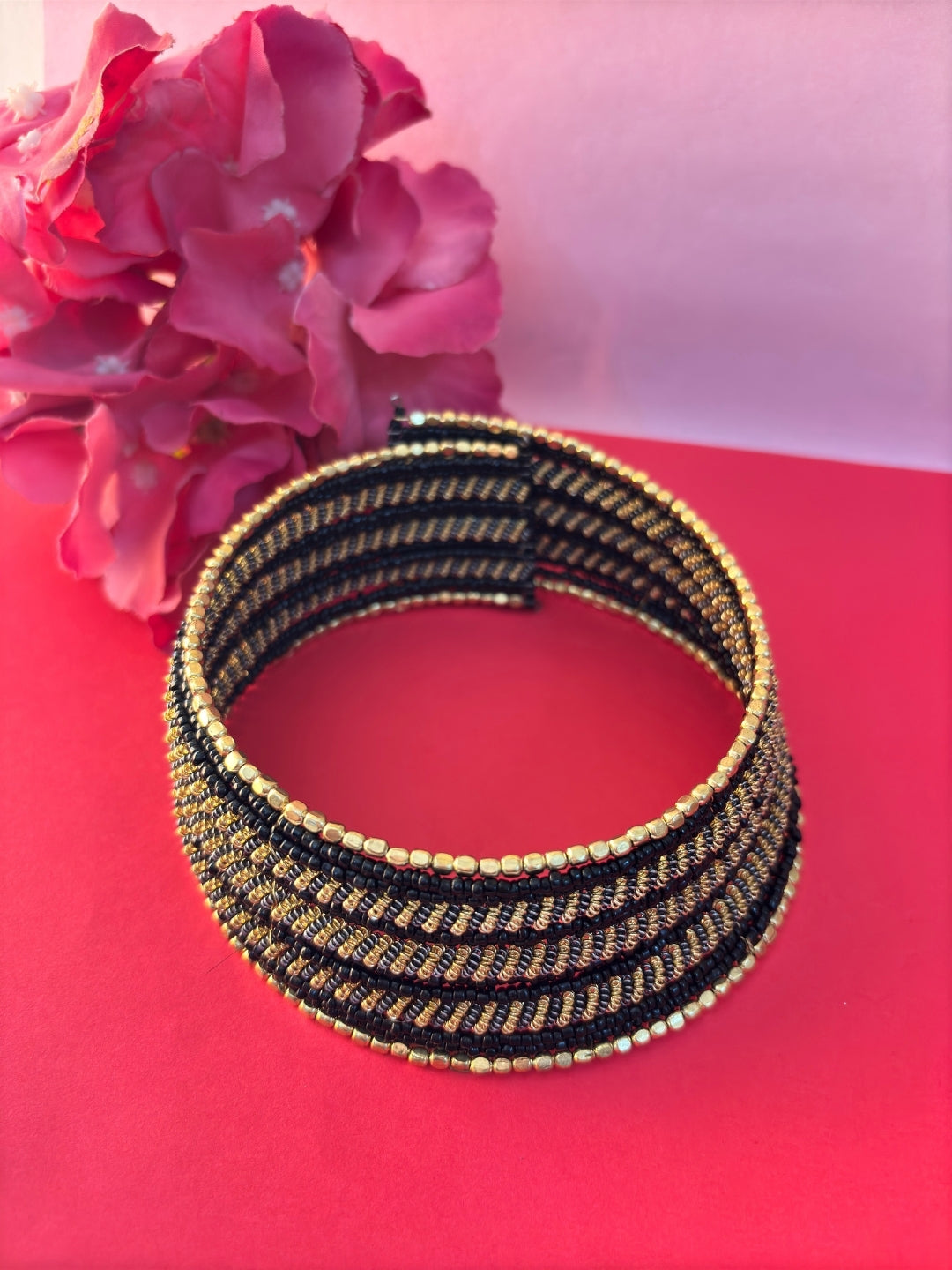 VIVAZS Gold-Plated Beaded Afghan Layered Necklace with Bracelet (Black)