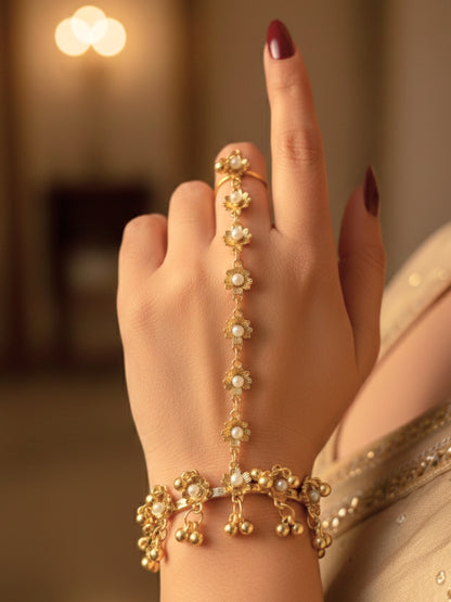 VIVAZS Gold-Plated Pearl Ring Bracelet With Hathphool
