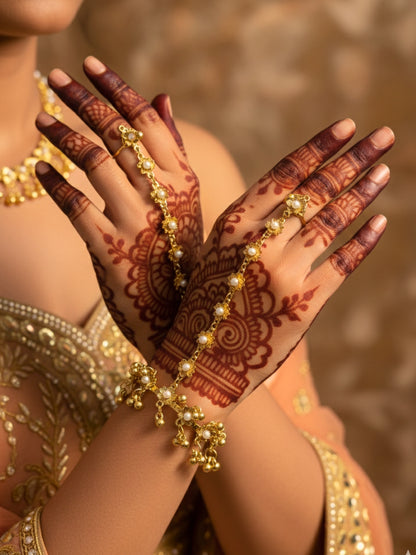 VIVAZS Gold-Plated Pearl Ring Bracelet With Hathphool