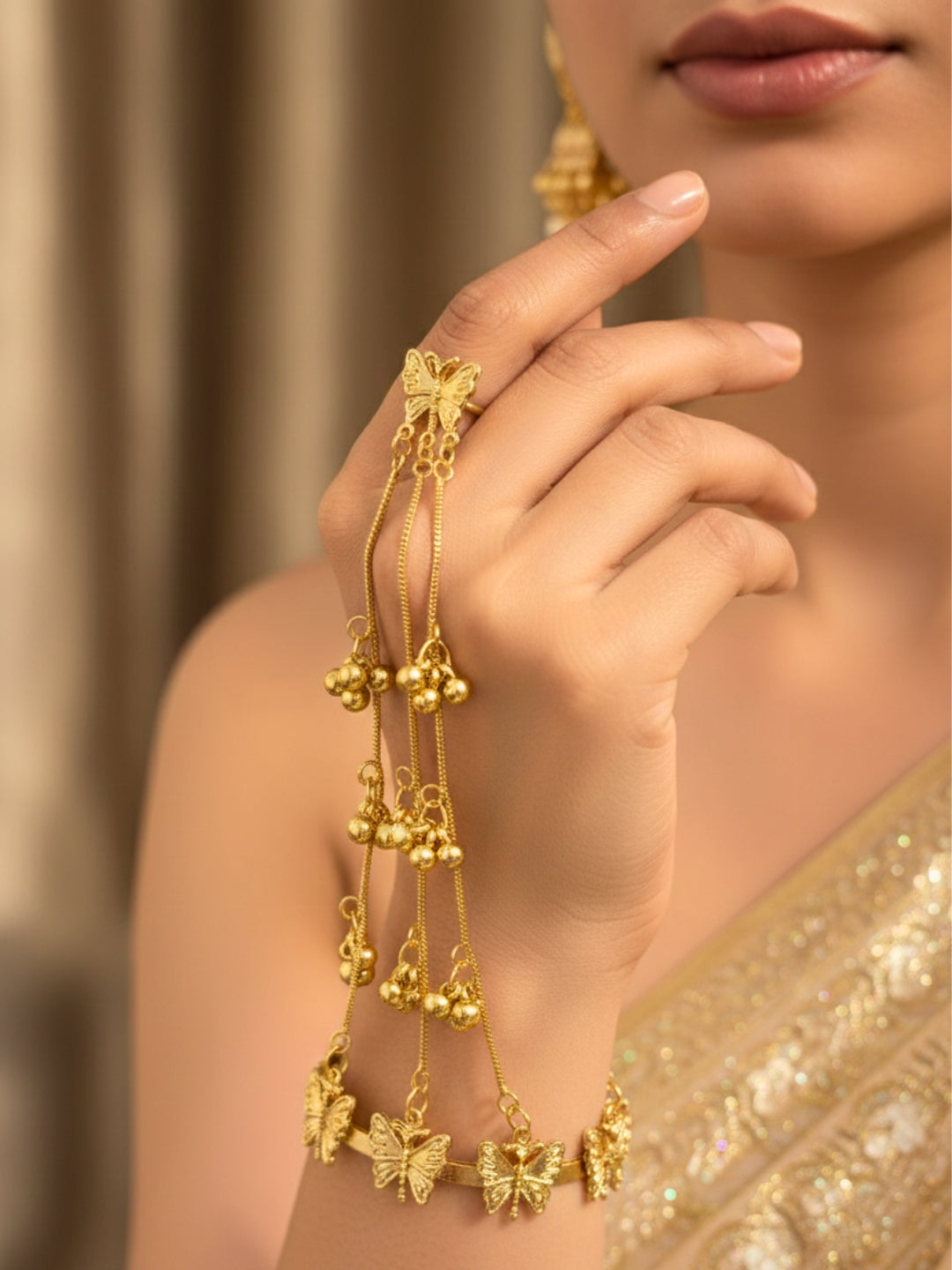 Butterfly Ghungroo Brass Hathphool – Adjustable Statement Hand Jewellery
