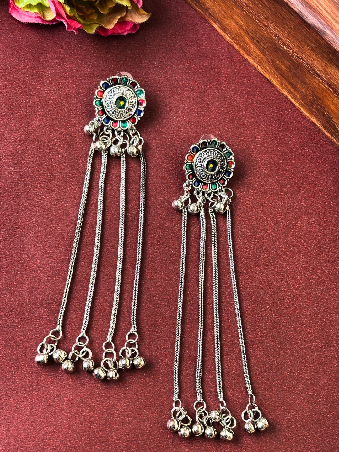 Silver Toned Oxidised Kashmiri Long Drop Earrings(Multicolor)