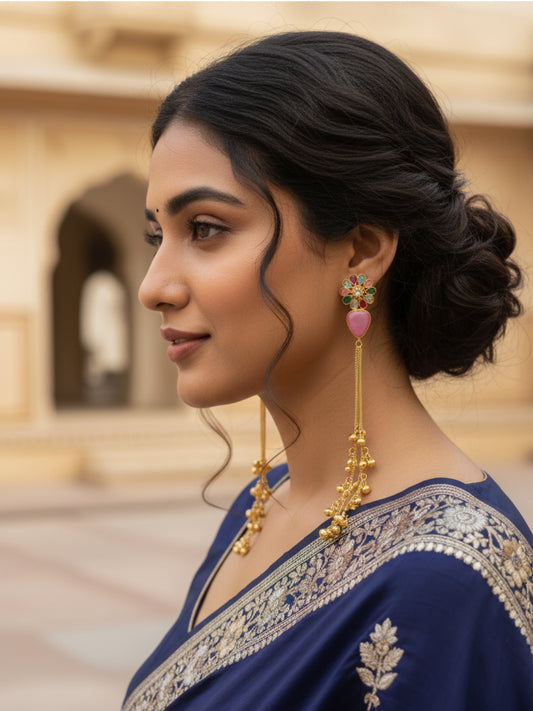 VIVAZS Kashmiri Long Drop Floral Earrings (Pink)