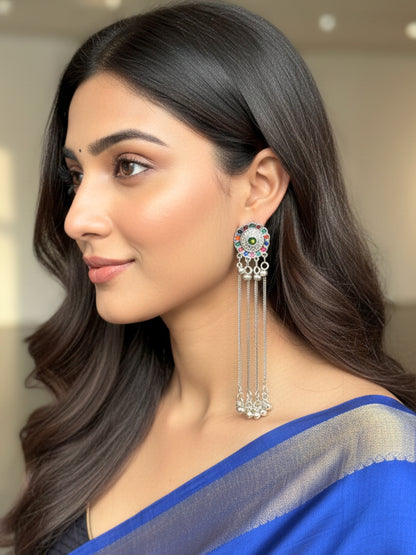 Silver Toned Oxidised Kashmiri Long Drop Earrings(Multicolor)
