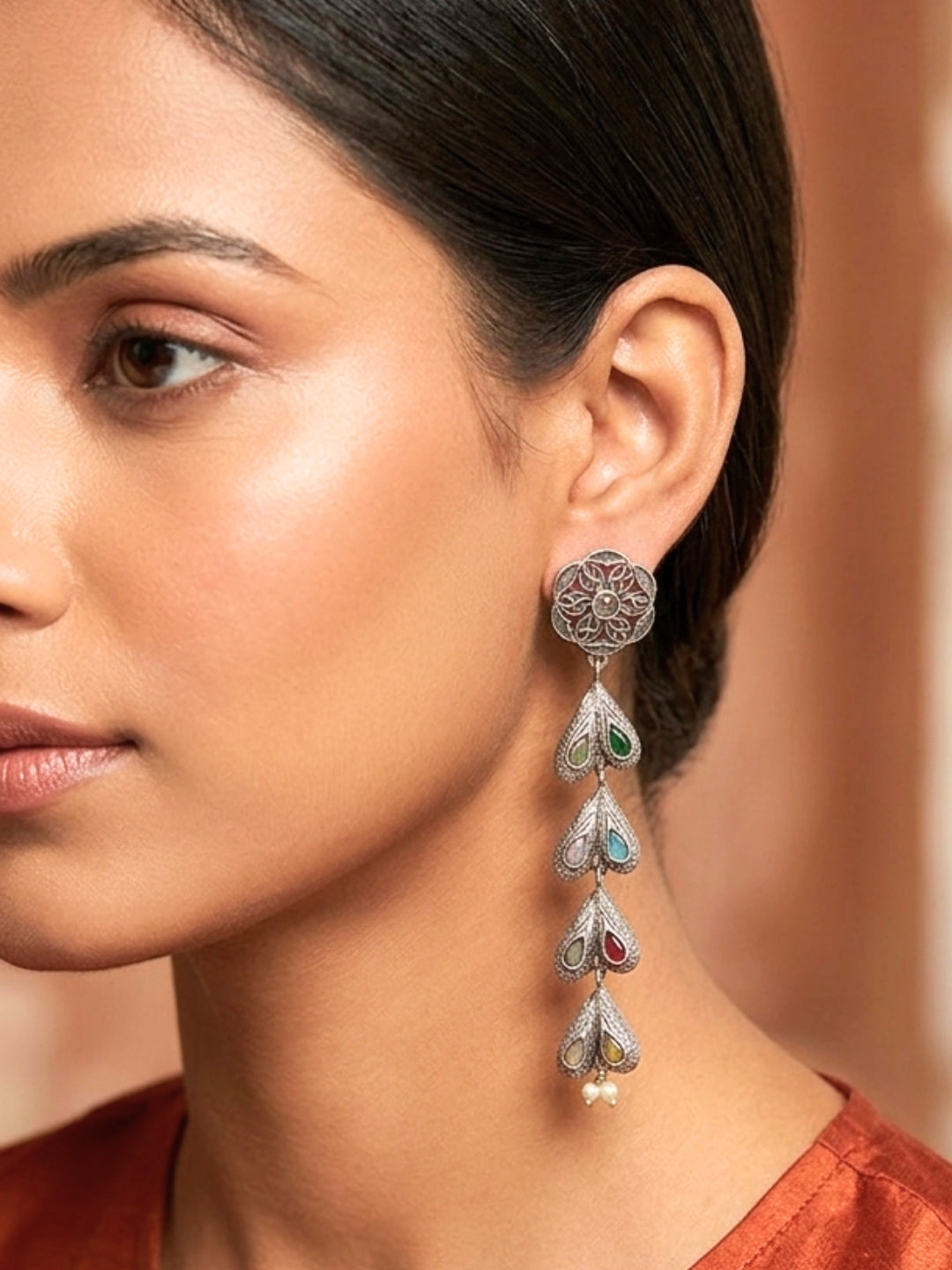 Oxidised Silver-Plated Long Dangler Earrings
