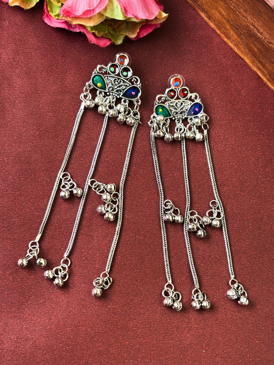 Silver Toned Oxidised Kashmiri Long Drop Earrings(Multicolor)
