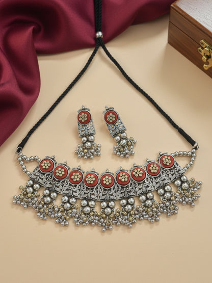 VIVAZS Silver-Plated Oxidised Choker Necklace and Earrings(RED)