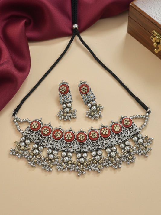 VIVAZS Silver-Plated Oxidised Choker Necklace and Earrings(RED)