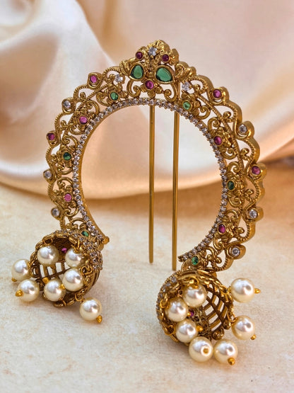 Gold-Plated Kundan and AD Pearl Embellished Traditional Hair Juda Pin