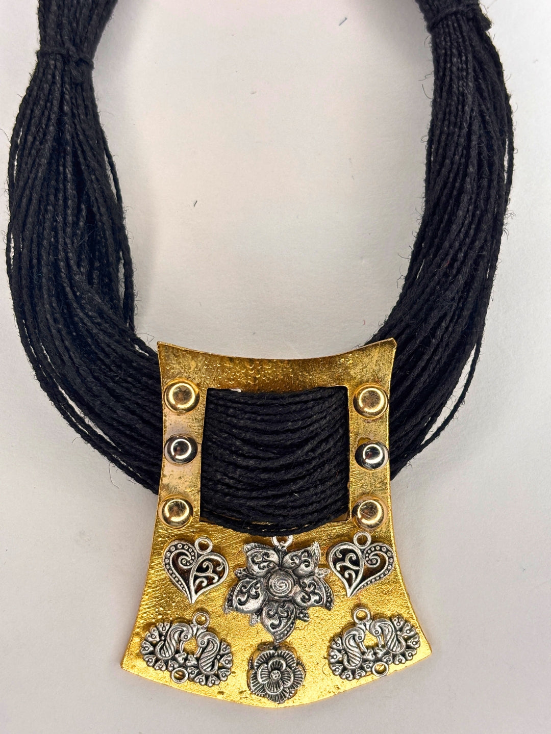 Gold-Plated Oxidised Statement Black Thread Jute Necklace