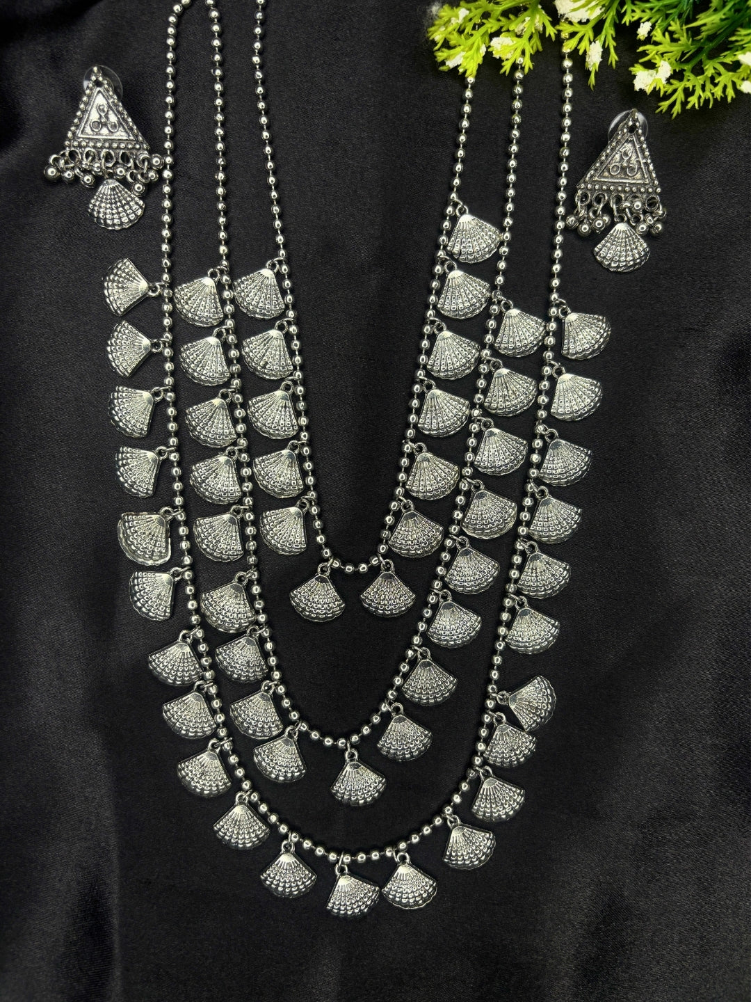 Oxidised Silver-Plated Layered Shell Charm Long Necklace Jewellery Set