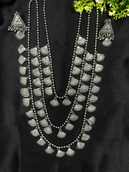 Oxidised Silver-Plated Layered Shell Charm Long Necklace Jewellery Set