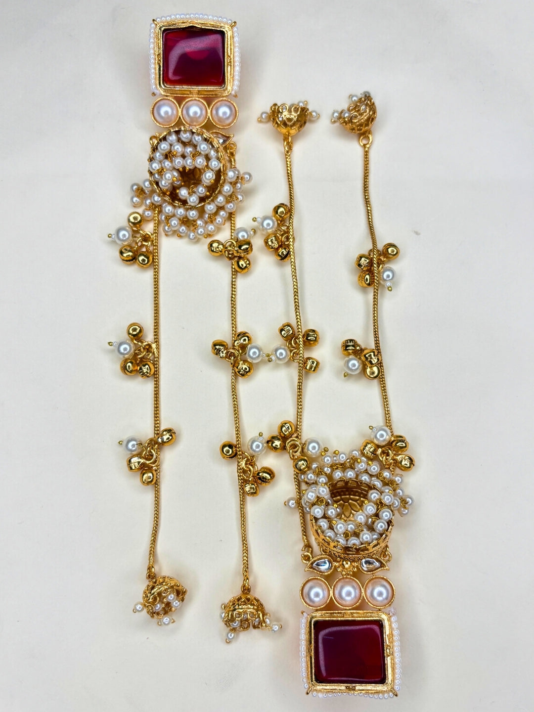 Gold-Plated Red Kundan Stone Long  Kashmiri Drop Earrings