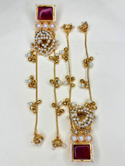Gold-Plated Red Kundan Stone Long  Kashmiri Drop Earrings