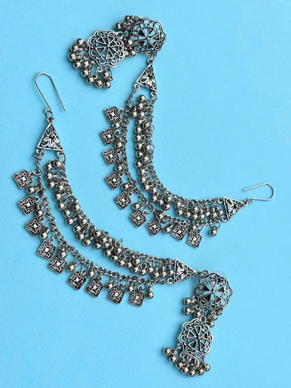 VIVAZS Oxidised Floral Shaped kaanChain Earrings