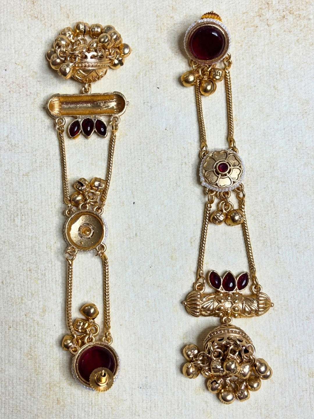 Gold-Plated Red Kundan Stone Studded Long Chain Kashmiri Jhumka Earrings