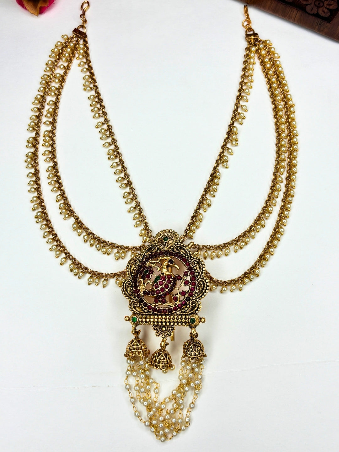 Gold Plated Pearl Kundan Traditional Temple Bridal Hair Accessory