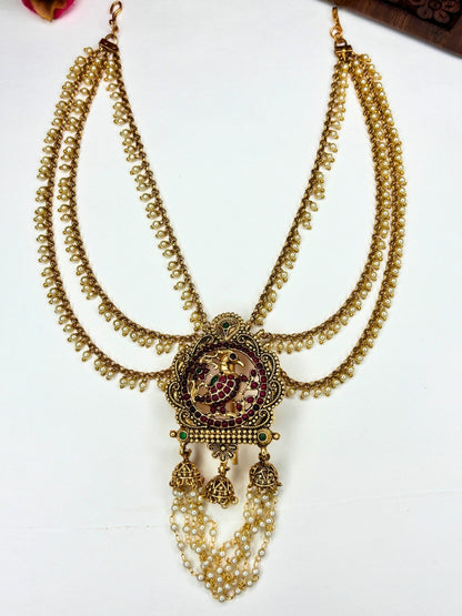 Gold Plated Pearl Kundan Traditional Temple Bridal Hair Accessory