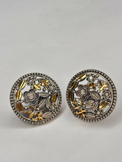 Oxidised Silver-Plated Floral Leaf & Stone Embellished Round Stud Earrings