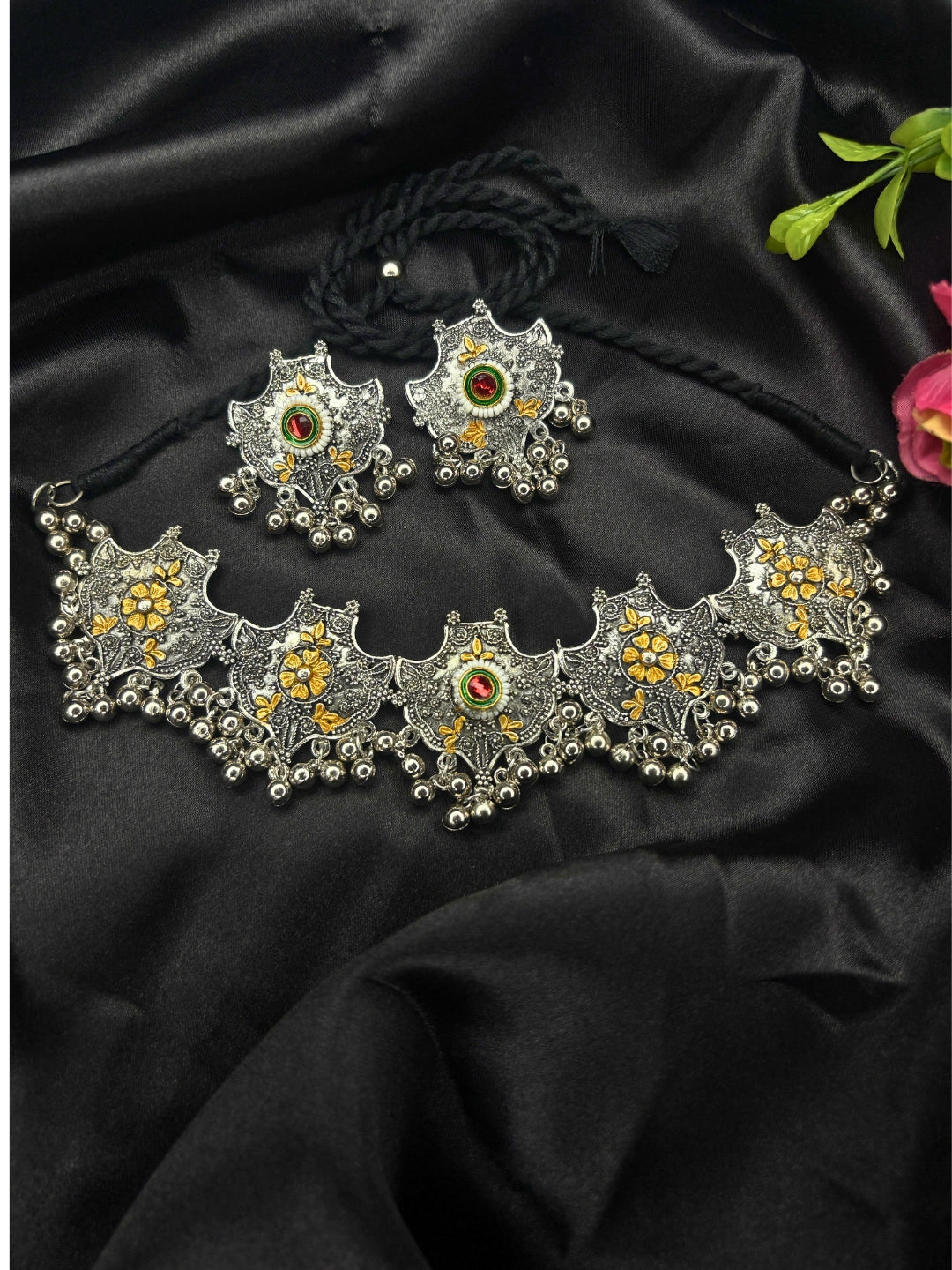 Oxidised Silver-Plated Dual-Tone Floral Statement Choker Necklace Jewellery Set