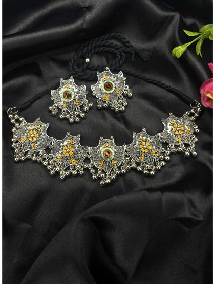 Oxidised Silver-Plated Dual-Tone Floral Statement Choker Necklace Jewellery Set