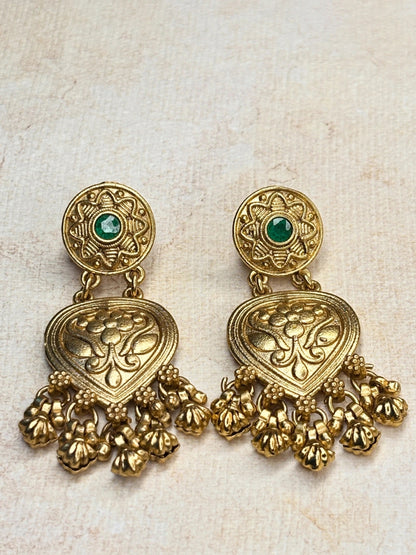 Gold-Plated Green Kundan Stone Floral Drop Statement Earrings