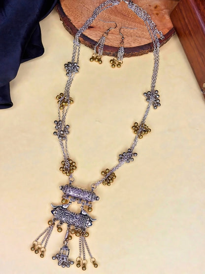 Dual-Tone Silver-Plated Oxidised Tribal Necklace Jewellery Set