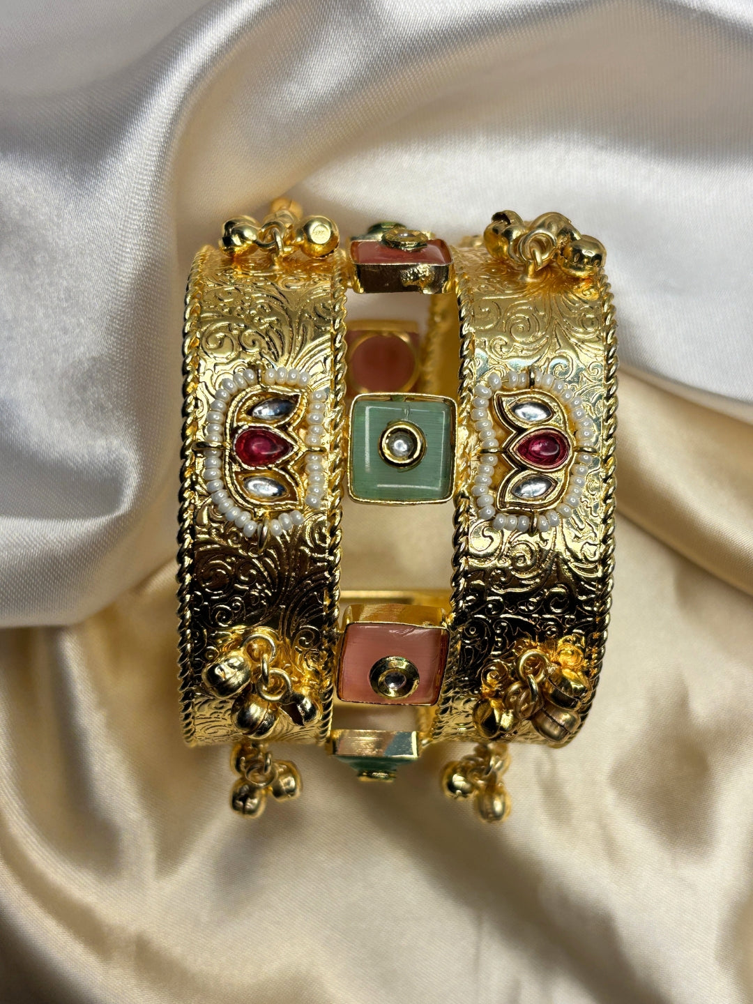 Women Gold-Plated Kundan & Pearl Embellished Adjustable Bangle Bracelet