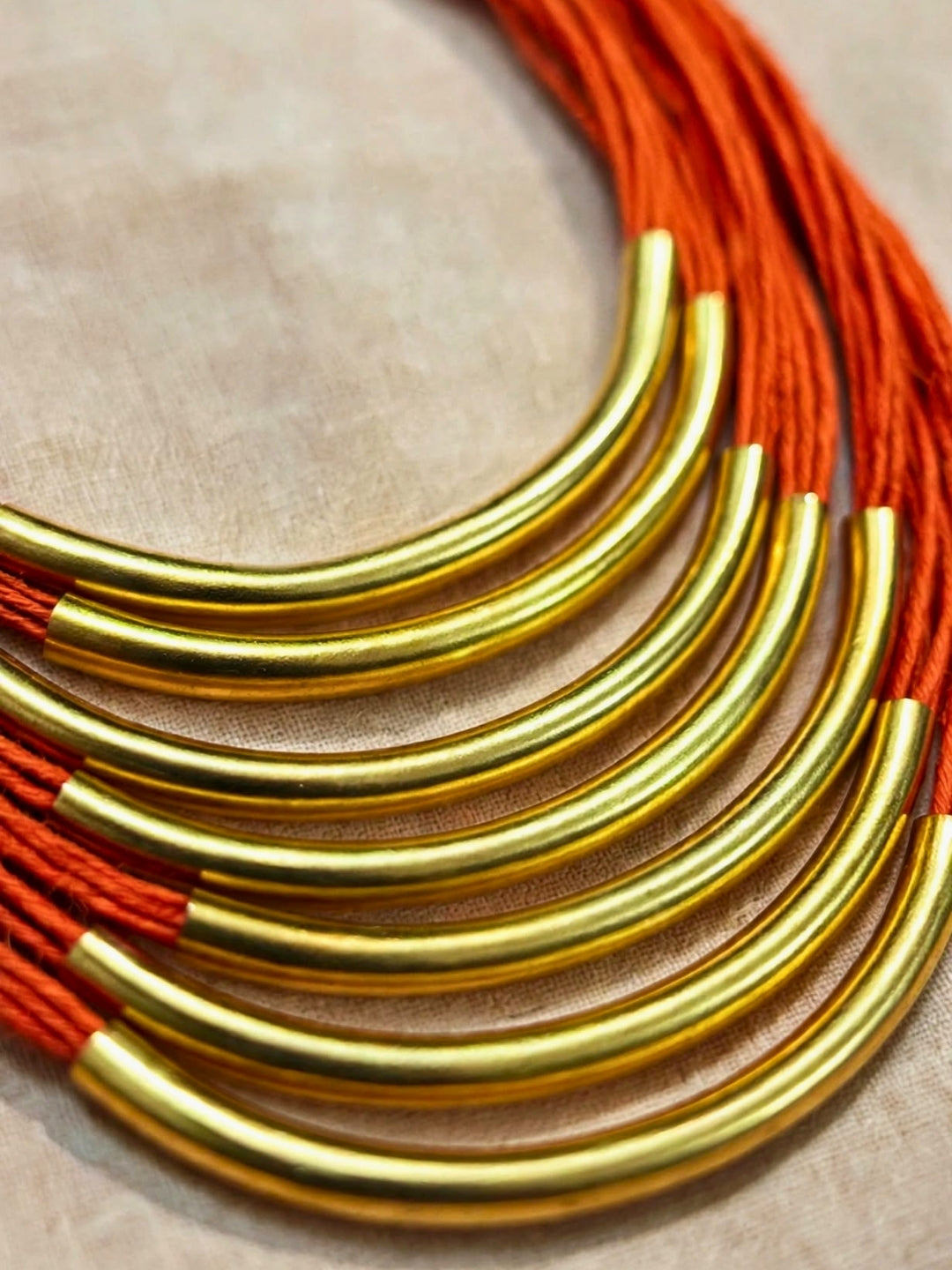 Gold-Plated Oxidised Statement Orange Thread Layered Jute Necklace