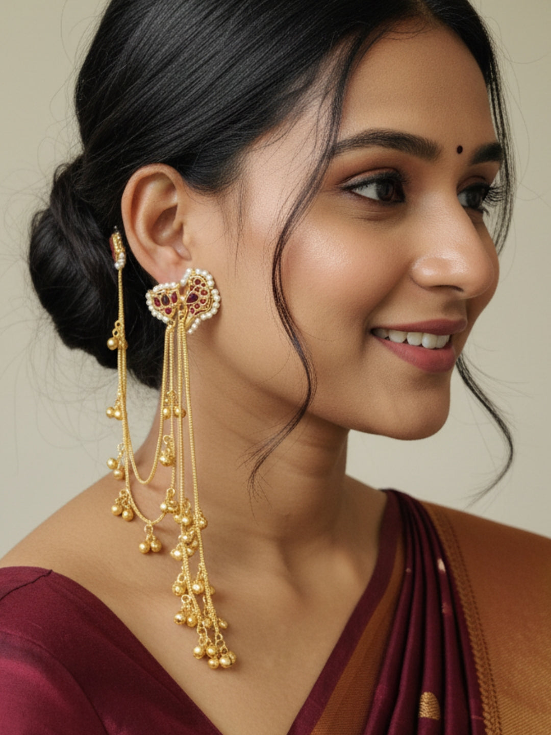 VIVAZS Kundan Crystal Statement Kan Chain Earrings (Pink)