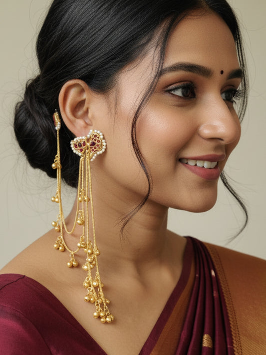 VIVAZS Kundan Crystal Statement Kan Chain Earrings (Pink)