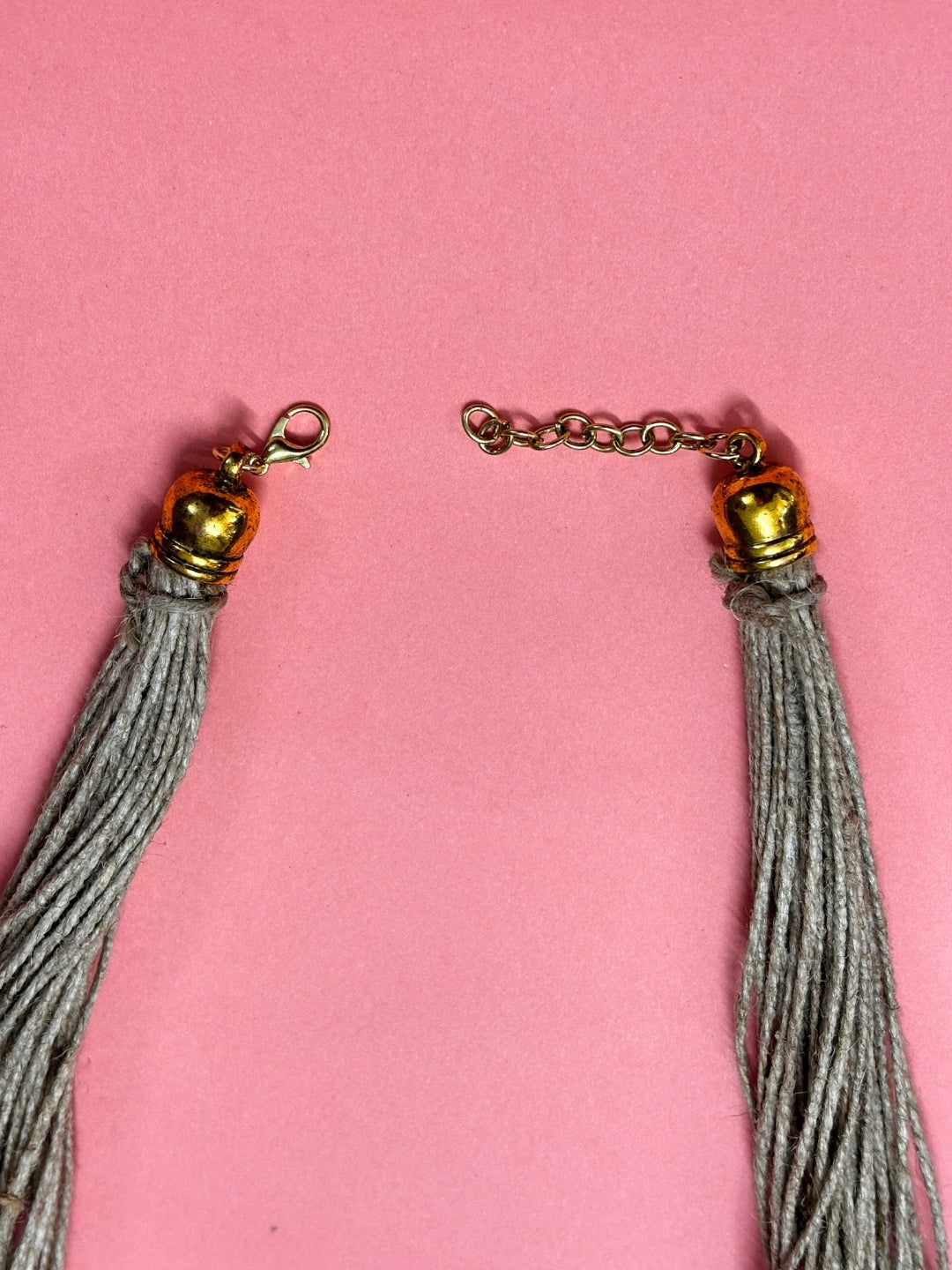 Brass and Jute Oxidised Gold Studded Crochet Necklace