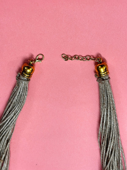 Brass and Jute Oxidised Gold Studded Crochet Necklace