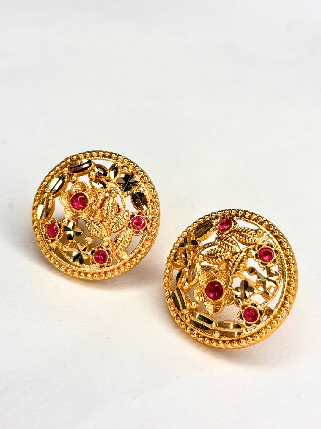 Gold-Plated Floral Pink Stone Embellished Round Stud Earrings
