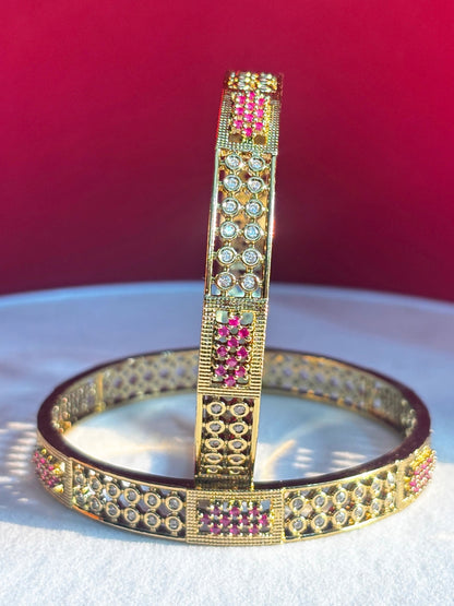 Set of 2, Pink & White 22K Gold-Plated AD Stones Handcrafted Bangles
