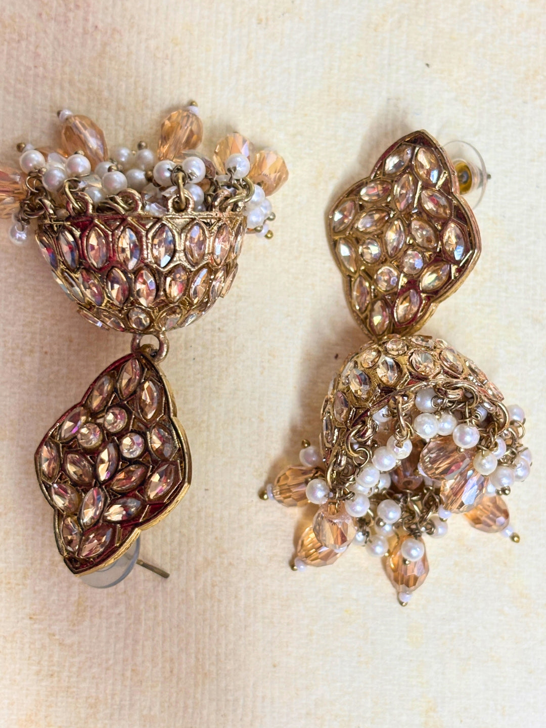 Gold-Plated Crystal Bead  Kundan-Style Jhumka Earrings