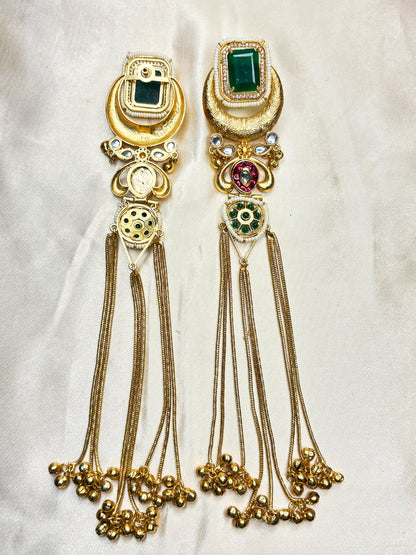 Gold-Toned Green Stone Embellished Kundan Tassel Drop Earrings
