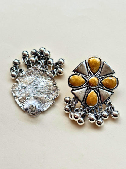 Women Oxidised Silver-Plated Mustard Yellow Floral Earrings & Statement Ring Set