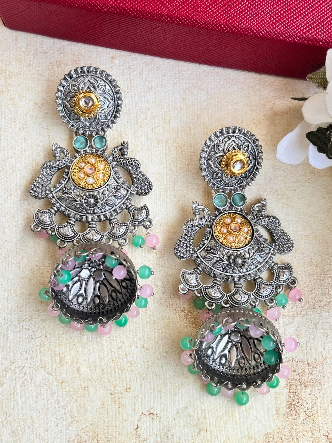 Oxidised Silver Plated Peacock Shaped Jhumkas Earrings (Pink & Mint)