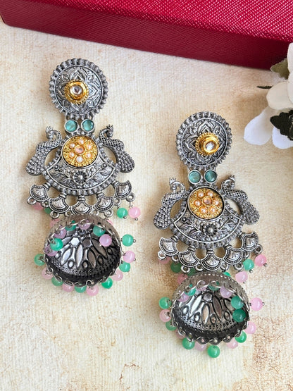 Oxidised Silver Plated Peacock Shaped Jhumkas Earrings (Pink & Mint)