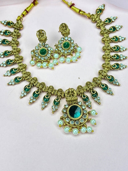 Gold-Plated Green Stone and kundan Studded Lakshmi Temple Necklace Jewellery Set