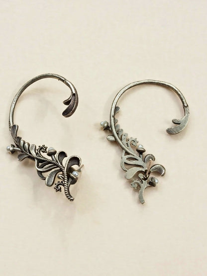 Oxidised Silver-Plated Leaf Design Ear Cuff Earrings