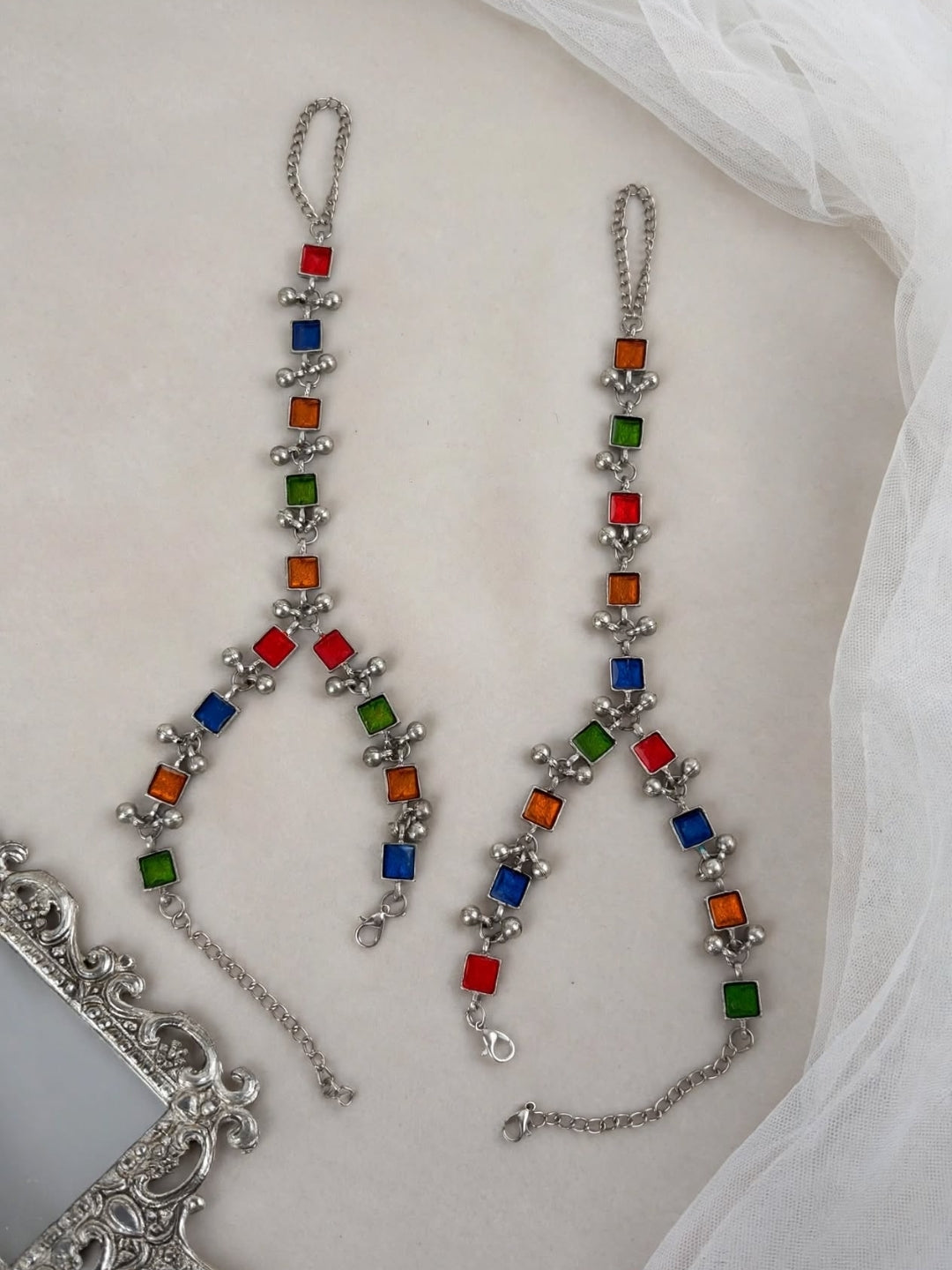 Oxidised Silver-Toned Multicolour Stone Beaded Anklet with Toe Ring