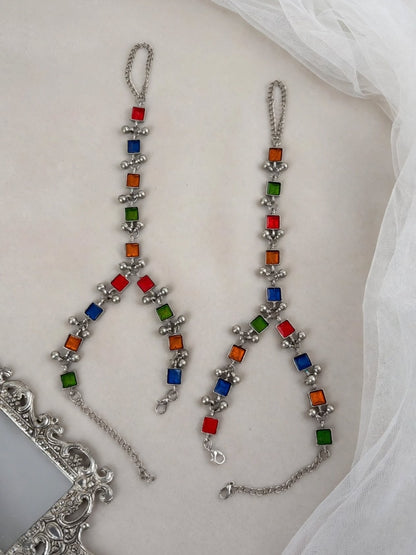 Oxidised Silver-Toned Multicolour Stone Beaded Anklet with Toe Ring