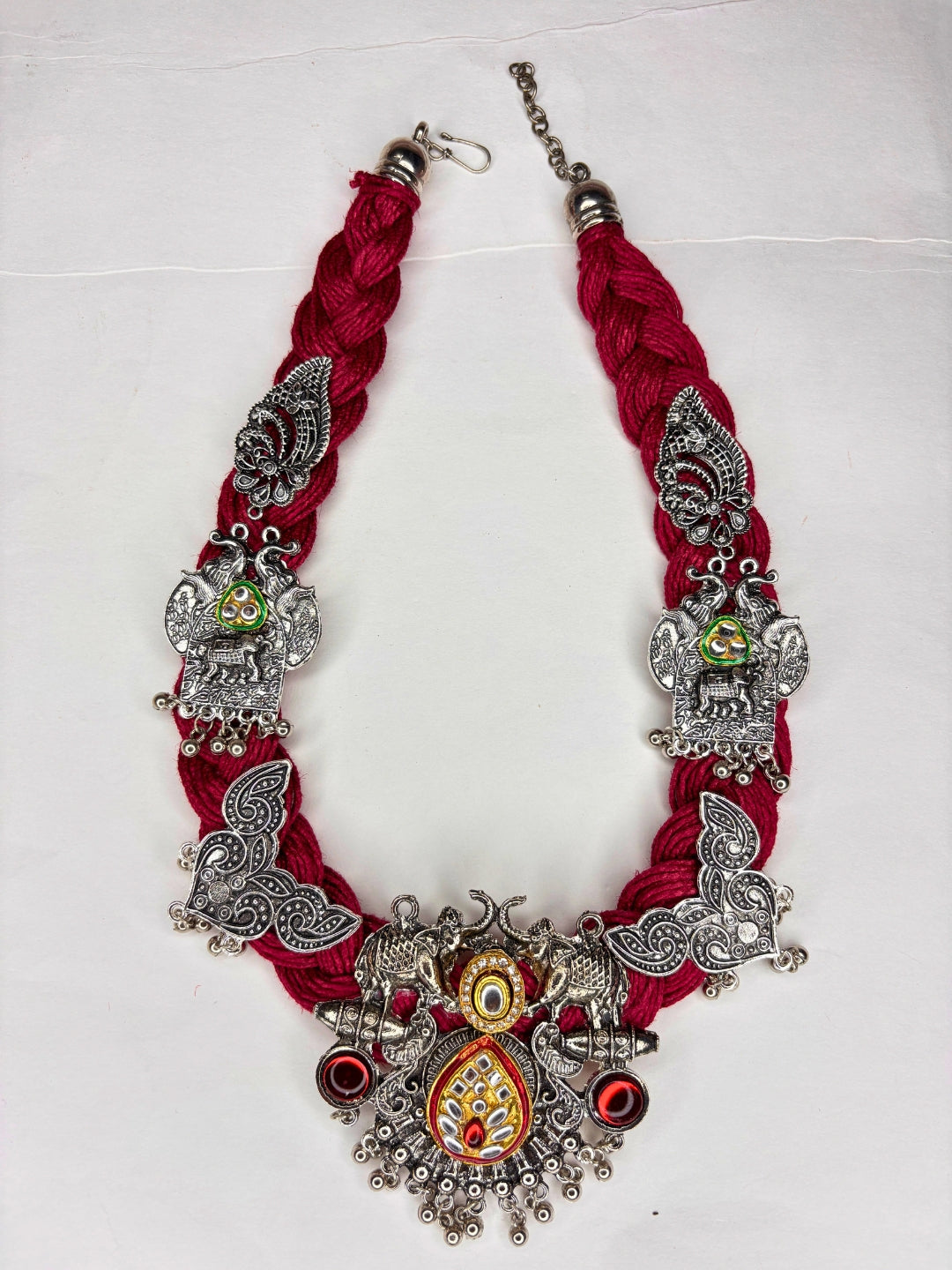 German Silver Floral Charm Statement Bohemian Meenakari Jute Necklace