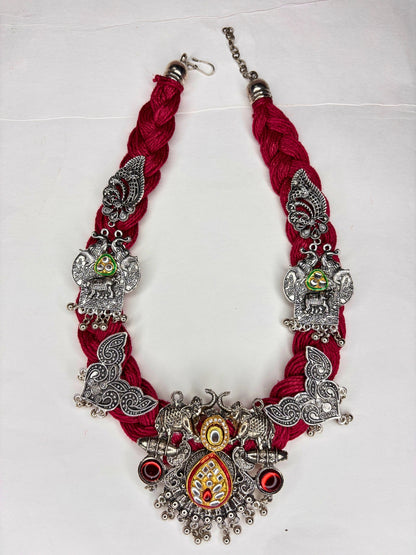 German Silver Floral Charm Statement Bohemian Meenakari Jute Necklace
