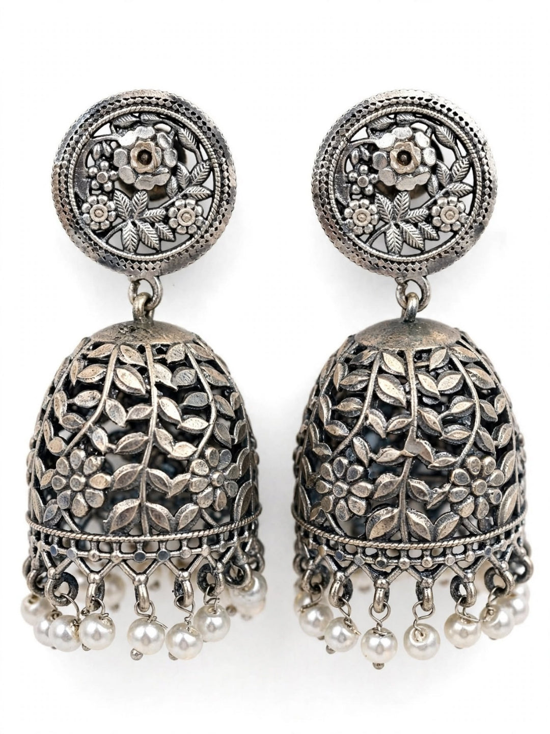 Oxidised Silver-Plated Floral Leaf Design Pearl Drop Dome Jhumka Earrings