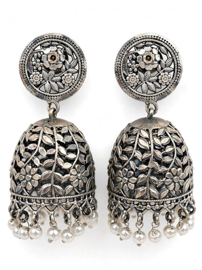 Oxidised Silver-Plated Floral Leaf Design Pearl Drop Dome Jhumka Earrings