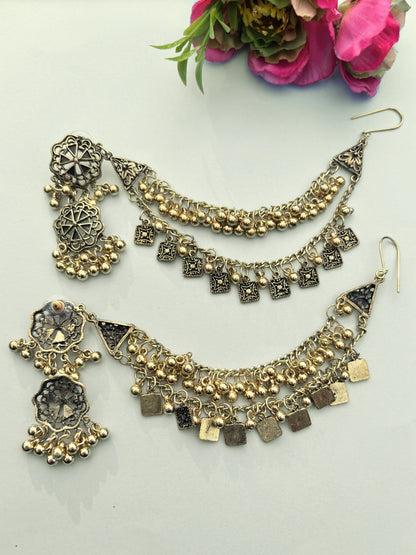 VIVAZS Oxidised Floral Shaped kaanChain Earrings