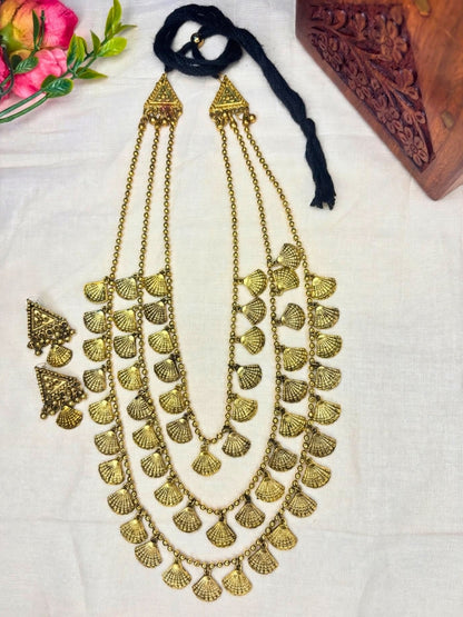 Gold Plated Antique Layered Shell Charm Long Necklace Jewellery Set