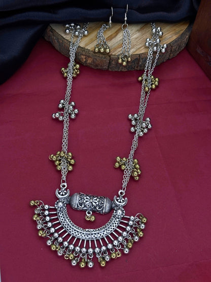 Dual-Tone Silver-Plated Oxidised Tribal Necklace Jewellery Set